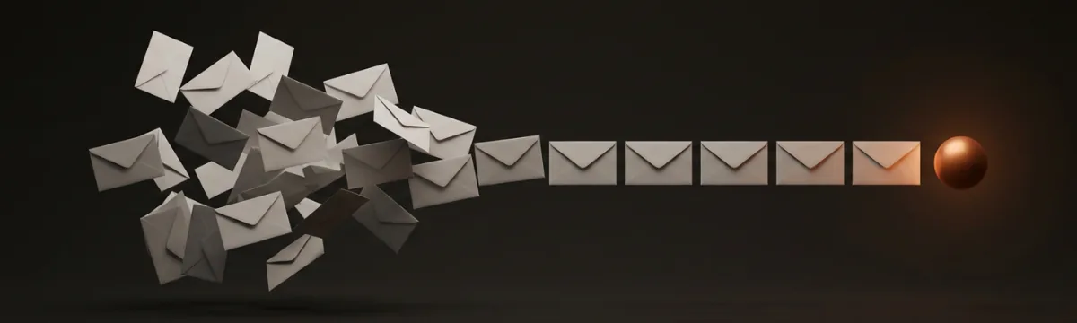 Scattered envelopes aligning into one ordered row flowing toward a glowing copper point