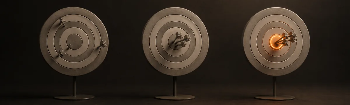 Three practice targets with dart groupings tightening to a copper bullseye